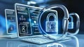 A laptop computer with a lock on it and an internet security icon, AI Royalty Free Stock Photo