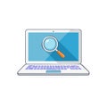 Laptop computer with magnifying glass icon on screen in flat design style, symbolizing online search or data analysis Royalty Free Stock Photo