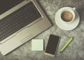 Laptop computer ,mobile phone and coffee cup on work desk Royalty Free Stock Photo
