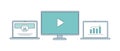 Laptop, computer, and notebook screens with rising bar graph, play sign, and social network web page. Royalty Free Stock Photo