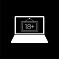 Laptop computer with 18 plus icon isolated on dark background