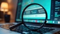 Laptop computer screen displays search results. Magnifying glass focuses on screen details. Digital search on display. Tech
