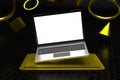 Laptop computer screen mockup above golden square stage pedestal with dark background Royalty Free Stock Photo