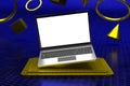 Laptop computer screen mockup above golden square stage pedestal with dark blue background Royalty Free Stock Photo