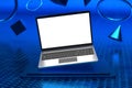 Laptop computer screen mockup above neon blue square stage pedestal with neon blue background Royalty Free Stock Photo