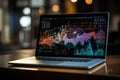 A laptop computer sits on top of a wooden table, creating a functional office workspace setup, Big data visualization projecting