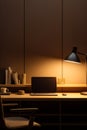 Laptop computer sitting on top of wooden desk next to lamp. Generative AI Royalty Free Stock Photo