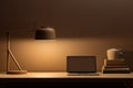 Laptop computer sitting on top of wooden desk next to lamp. Generative AI Royalty Free Stock Photo