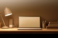 Laptop computer sitting on top of wooden desk next to lamp. Generative AI Royalty Free Stock Photo