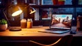 Laptop computer sitting on top of wooden desk next to lamp. Generative AI Royalty Free Stock Photo