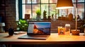 Laptop computer sitting on top of wooden desk next to lamp. Generative AI Royalty Free Stock Photo