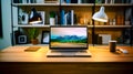 Laptop computer sitting on top of wooden desk next to lamp. Generative AI Royalty Free Stock Photo