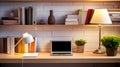 Laptop computer sitting on top of wooden desk next to lamp. Generative AI Royalty Free Stock Photo