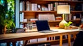 Laptop computer sitting on top of wooden desk next to lamp. Generative AI Royalty Free Stock Photo