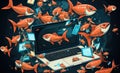 A laptop computer surrounded by a bunch of fish. Generative AI image.