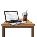 Laptop computer with web page displayed on its screen and glass iced coffee with straw Royalty Free Stock Photo