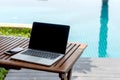 Laptop computer on the wood table