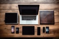 Laptop Computer on Wooden Desk, Workspace Setup for Productivity, Laptop, smartphone, and tablet spread out on a wooden table, AI