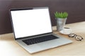 Laptop computer on work desk showing white screen side view Royalty Free Stock Photo
