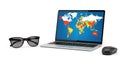 Laptop computer with world map on screen and black sunglasses and mouse on white surface office technology and tra Royalty Free Stock Photo