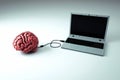 Laptop connected to human brain. Dependent concept