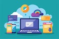 A laptop connects to cloud storage, syncing data with mobile devices in a vibrant, flat design layout Syncing cloud data storage Royalty Free Stock Photo