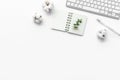 Laptop, cotton branch on white table flat lay space for text. Minimal freelancer desk workspace. Blog header mockup