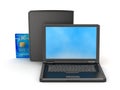 Laptop, credit card and black wallet