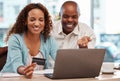 Laptop, credit card and couple online shopping in home, payment or digital banking. Ecommerce, computer and happy black Royalty Free Stock Photo