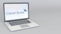 Laptop with Credit Suisse Group logo. Computer technology conceptual editorial 3D rendering