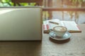 Laptop and cup of coffee and cell phone with books and pen on wooden table