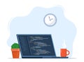 Laptop with cup of coffee and plant in pot. Workplace of coder, online programmer. Coding and programming, developing sites using