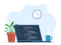 Laptop with cup of coffee and plant in pot. Workplace of coder, online programmer. Coding and programming, developing sites using