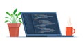 Laptop with cup of coffee and plant in pot. Workplace of coder, online programmer. Coding and programming, developing sites using