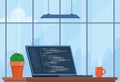 Laptop with cup of coffee and plant in pot. Workplace of coder, online programmer. Coding and programming. Workplace with modern