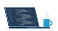 Laptop with cup of coffee. Workplace of coder, online programmer. Coding and programming, developing sites using special language