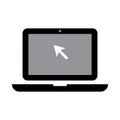 Laptop with cursor icon on grey backdrop. Computer mouse click. Pointer arrow symbol. Vector illustration. Stock image. Royalty Free Stock Photo