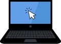 Laptop with cursor on screen. Click in laptop vector icon. Computer with click mouse pointer symbol isolated on white background. Royalty Free Stock Photo