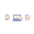 Laptop with cursor, send phone message, receive sms notification, submit document, line icons
