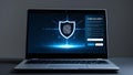 Laptop with Cyber Security Screen: Protective Shield and Fingerprint to illustrate data defense and secure authentication on Royalty Free Stock Photo