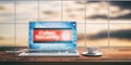 Laptop with cyber security screen on desk. Blurred sky background. 3d illustration Royalty Free Stock Photo