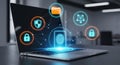 Laptop with cybersecurity icons illustrating data protection concept Royalty Free Stock Photo