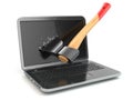 Laptop damaged by axe. Concept of anger when working at the comp Royalty Free Stock Photo