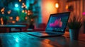 Laptop with data analytics graph in a cozy workspace Royalty Free Stock Photo