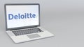 Laptop with Deloitte logo. Computer technology conceptual editorial 3D rendering Royalty Free Stock Photo