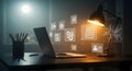 Laptop on Desk with Digital Technology Icons and Lamp Light Royalty Free Stock Photo