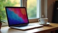 Laptop on desk, empty coffee cup, window view, connection, mouse Royalty Free Stock Photo