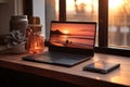 Laptop on desk near window, wood flat windowsill and panel display. Workplace scene in sunny room with open pc on wooden Royalty Free Stock Photo