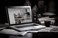 Laptop on a desk with a newspaper and a cup of coffee, laptop and newspapers on black and white background, business still life, Royalty Free Stock Photo