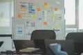 Laptop on a desk in an open financial office